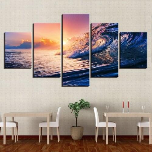 HD Printed Painting 5 Panel Sunrise Canvas Kids Room Decoration Framework Poster Rolling Wave Landscape Modular Pictures