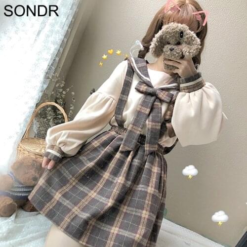 Kawaii Soft Girl Set Japanese Style Sweet Cute Three All-Match Pullover Sweatshirt Bow Tie Tops Women And Lattice Strap Skirt