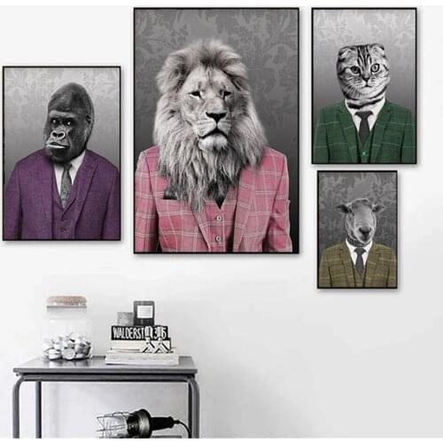 Funny Watercolor Canvas Painting Animals in suits Posters and Prints Wall Art Pictures for Living Room Home Decor Kids Gift