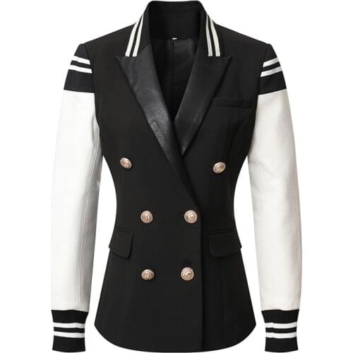 New Womens Fashion Casual Leather Patchwork Double Breasted Jacket Stylish Classic Varsity Jacket