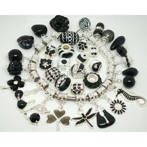 Wholesale 50PCS/LOT Black Mixed style Motley Beads and Pendant Charms Fit European Bracelet and Necklace Jewelry making