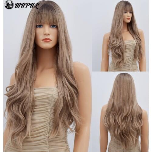 Blonde Ombre Wave wig Long Daily Synthetic Wigs With Bangs For White Black Women Cosplay Heat Resistant Hair Fiber Party Wig