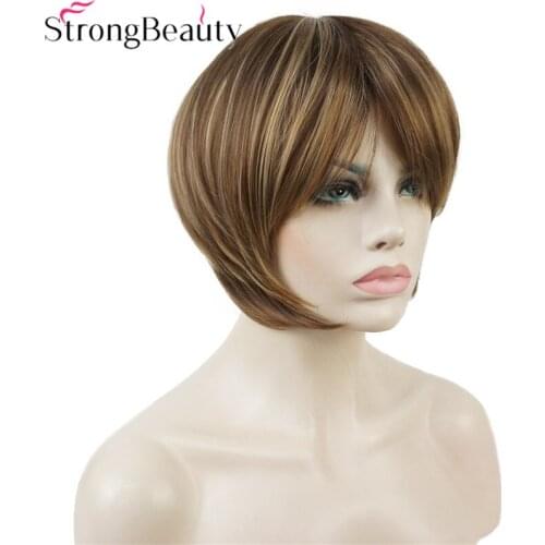 Strong Beauty Short Straight Wig Women Brown with Blonde Highlights Synthetic Hair Heat Resistant Natural Wigs