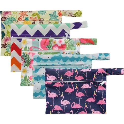 5Pcs Mini Wet Bag Waterproof PUL Printed Menstrual Pad Bag with Snap Closure Handle Mama Cloth Sanitary Menstrual Maternity Pad