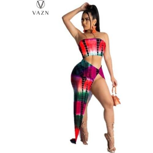 VAZN 2021 Print Summer Bandage Strapless Sleeveless Elegant Street Clothing Suits 2 Piece Set Women Top And Pant