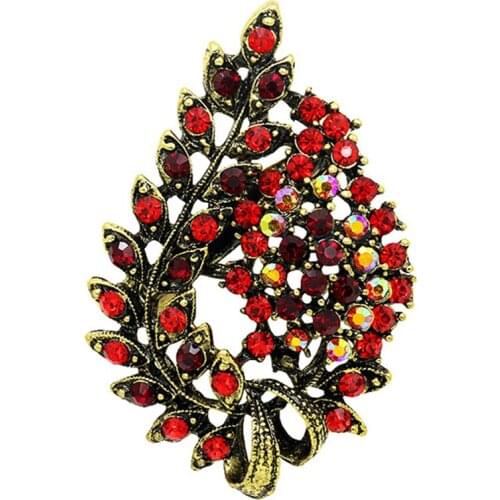 Assorted Colors Red Coffee Blue and Purple Crystal Rhinestones Flower Leaf Brooch Pins in Antique Vintage