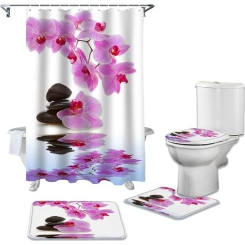 Flower Pink Orchid Reflection Shower Curtain Sets Non-Slip Rugs Toilet Lid Cover and Bath Mat Waterproof Bathroom Curtains