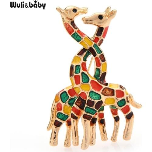 Wuli&baby Enamel Two Necks Together Giraffe Brooches For Women Unisex 4-color Lovers Animal Party Casual Brooch Pin Gifts
