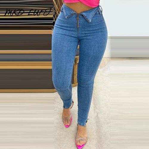 Women High Waist Zipper Design Skinny Denim Pants Casual Jeans
