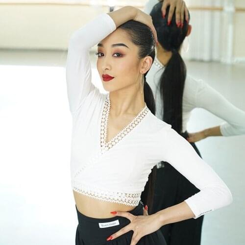 Latin Dance Tops For Women Adult Long Sleeve V-Neck Sexy Clothes Professional Rumba Practice Shirt Samba Tango Outfits DWY5628