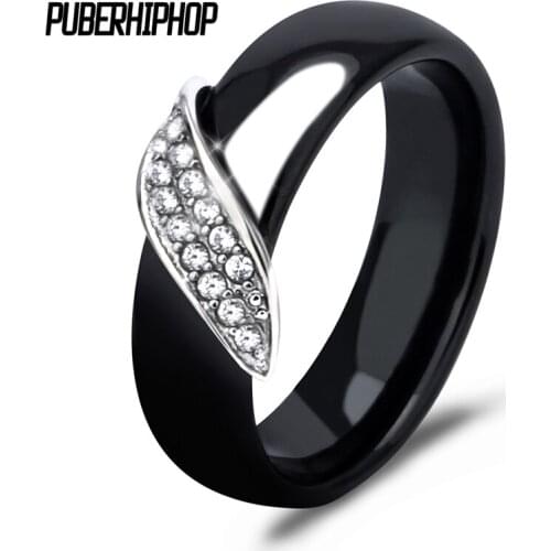 New Arrival 6mm High Quality Black And White Simple Style Comly Crystal Leaf Shape Ceramic Rings For Women Fashion Jewelry Gift