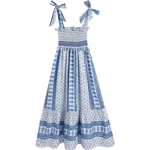 Womens Fashion Ethnic Beach Print Fungus Lace Slim Long Spaghttei Strap Dress