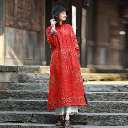 Women Cotton Linen printed Warm Autumn Winter Stand Collar Qipao Dress Ladies Vintage Loose Robe Dresses Female 2018 Dress