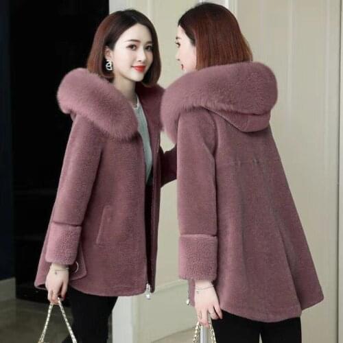 2020 New Winter Women Korean Real Fox Fur Collar Hooded Coat Female Vintage Sheep Shearling Mujer Thick Warm Fur Overcoats H125