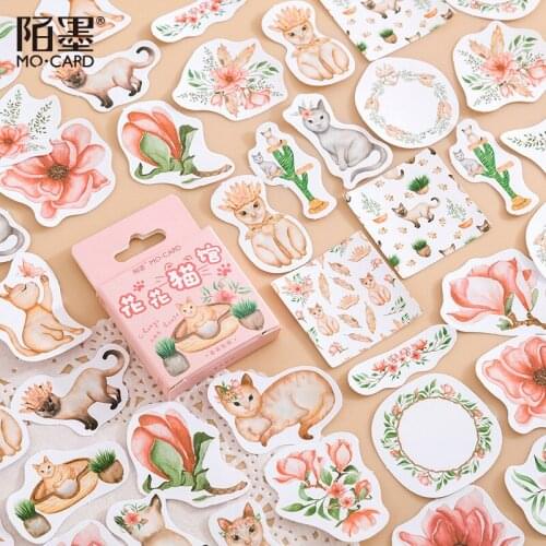 46P Kawaii Cat Flower Stationery Sticker Scrapbooking Seal Creative Animal DIY Diary Journal Decorative Adhesive Paper Supplies