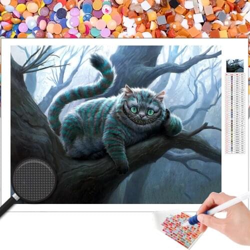 Diamond Painting Cartoon Animal Alice in Wonderland Evil Grinning Cat 5D DIY Mosaic Embroidery Square Round Cross Stitch Kit