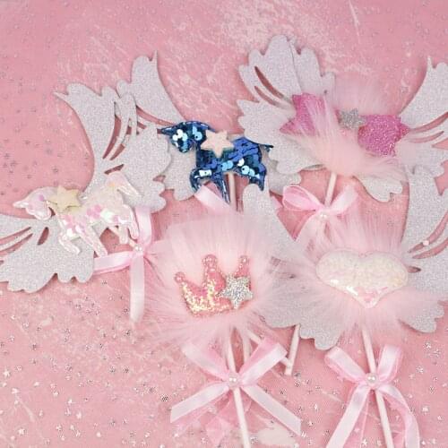 Sequins Unicorn Cake Topper Wedding Pink Heart Happy Birthday Cupcake Topper For Baby Shower Birthday Party Cake Decorations