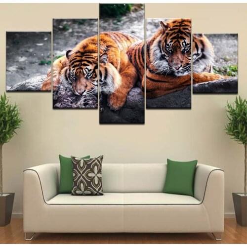 Two tigers lie on the rocks animal 5 Panel HD Print wall posters Canvas Art Painting For home living room decoration