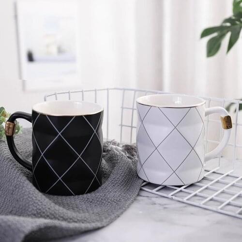 450ml Nordic Black and White Mesh Golden Handle Geometric Ceramic Coffee Cup Juice Drink Cup Office mate Tea mugs