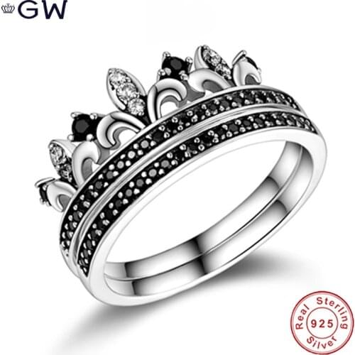 925 Silver Ring Princess Crown Ring with Black Clear Crystal Double Fashion Ring Jewelry Engagement Wedding Ring Ethnic style