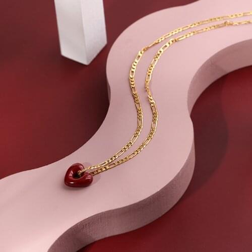 Red Heart Necklaces Brass Plated 18K Gold Women Jewelry Punk Party T Show Designer Club Ins Rare Japan Korean Trendy