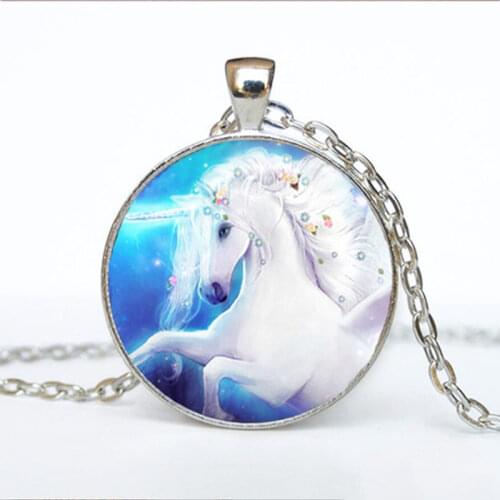 Moonlight Unicorn Forest Pendant Necklace, Unicorn Glass Cabochon Necklace, Unicorn Pendant Choker Necklace Men Women Jewelry