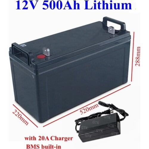 Rechargeable 12V 500Ah 600Ah Lithium li ion battery pack with BMS for emergency system solar system emergeny storage+20A charger