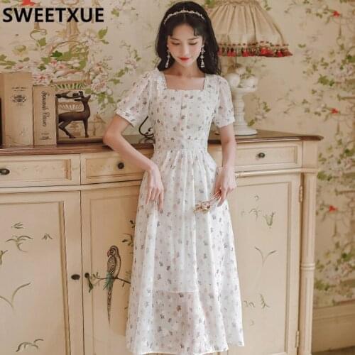 SWEETXUE Romantic Gentle Floral Dress Womens Summer 2021 Square Neck Fashion Chiffon Print Sweet Dress Ladies Korean Chic