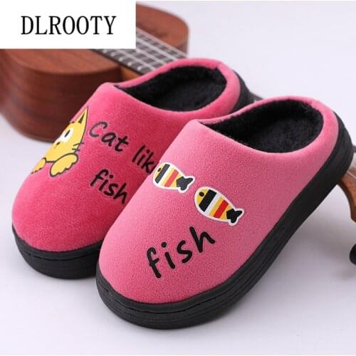 Winter Slippers for Boy Girl Cat Fish Cartoon Cute Warm Flat Shoes Children Non-slip Home Indoor Fashion Kids Slides Flip Flops