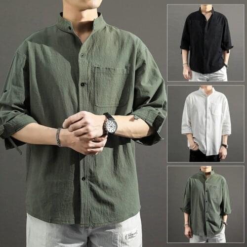 Loose Large Size Men Linen Shirt Mens Three-Quarter Short-Sleeve Shirt Leisure Men Casual Top Chinese Style Shirt Male Clothing