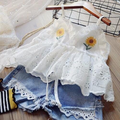 3-8Y 2pcs Kids Girls Clothes Suit Set Cute Sunflower Embroidery V-Neck Sleeveless Tops Floral Lace Denim Shorts