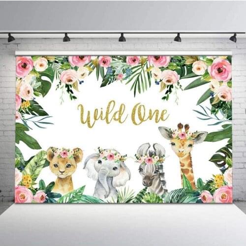 Tropical Plants and Flowers Backdrop Cartoon Lion Elephant Giraffe Backgrounds Baby Shower Party Decor Photo Booth Studio Prop