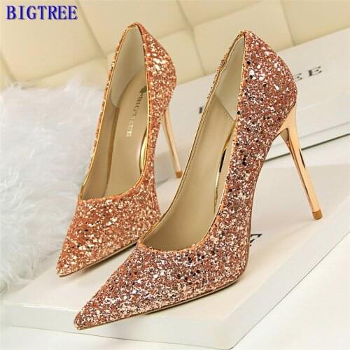 BIGTREE Women Pumps Extrem Sexy High Heels Women Shoes Thin Heels Female Wedding Shoes Party Shoes Gold Sliver White Ladies Shoe