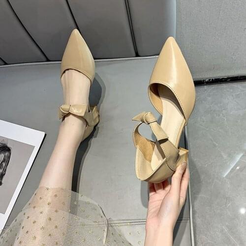 Women Fashion Bow Pointed Toe Pumps Beige Med Heel Shoes 2021 Woman Spring Shallow Office Shoes Zapatillas Mujer Womens Shoes