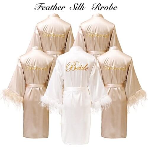 Short Satin 2021 Nightwear Intimate Lingerie Women Kimono Bathrobe Gown New FEATHER Bride Bridesmaid Wedding Robe Nightgown