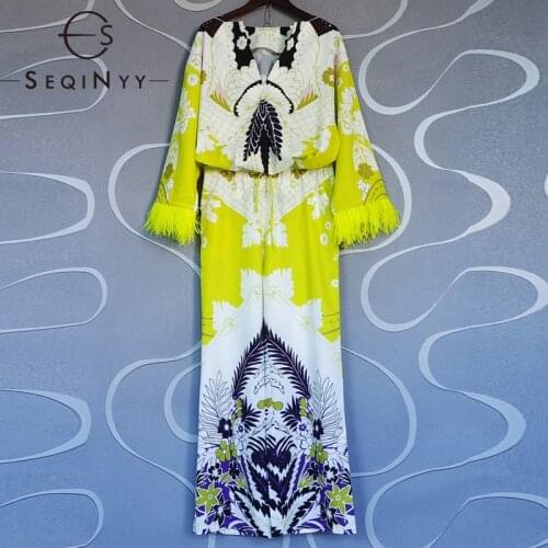 SEQINYY Design Fashion Suit Summer Spring Women Feather Long Sleeve Top + Loose Pants Flowers Print Fluorescent Yellow Vintage