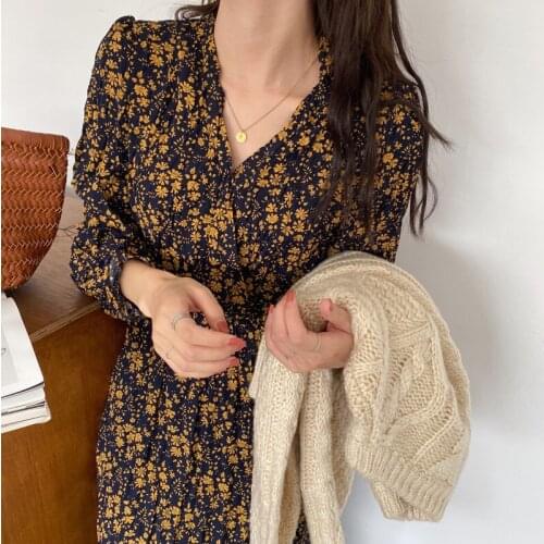 Korean Floral Printed Long Dress Women 2021 Spring Chic Autumn One Piece Lady Maxi Pleated Vintage Long Sleeve V neck Slim Waist