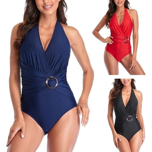 Women Sexy Deep V Neck One-Piece Bikini Ruched O-Ring Buckle High Waist Swimsuit Halter Backless Solid Bathing Suit