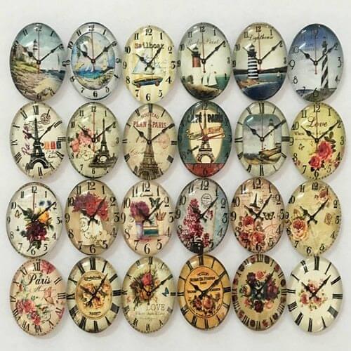 18x25mm Mix Style Clocks Oval Glass Cabochon Dome Jewelry Finding Fashion Summer Cameo Pendant Settings 20pcs/lot K02960