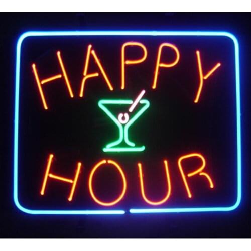 19“x15" Happy Days Hour Open Neon Light Lamp Sign Beer Bar Handmade Glass Decorate Home Wall Room Windows Display Display Tube