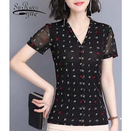 2021 Plus Size Short Sleeve Women Tops Summer Print Hollow Slim Women Blouse Chemisier Femme Womens Tops and Blouses 4332 50