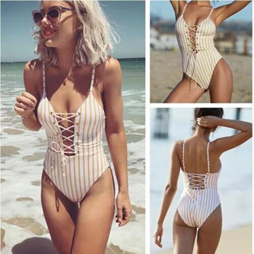 Bandage Lace Up Women Bikinis Sexy Striped One Piece Swimwear Fashion High Waist Swimsuits Push Top Beachwear Leisure Swim Suits