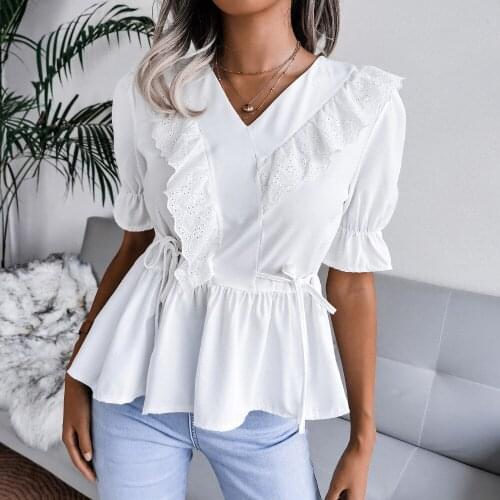 Casual Lace Patchwork Shirt Blouse Woman Clothing Summer Short Sleeve V-neck Shirts Top 2021 White Ruffle Lace Up Slim Top Femme
