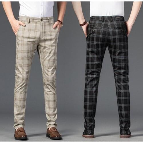 Black Beige Summer Plaid Pants Men Korea Style Regular Fit Office Suit Pants Formal Dress Trousers For Men Wendding