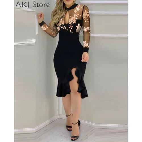 Women Elegant Floral Embroidery Sheer Mesh Slit Bodycon Dress Ruff Hem Cut Out Party Dress