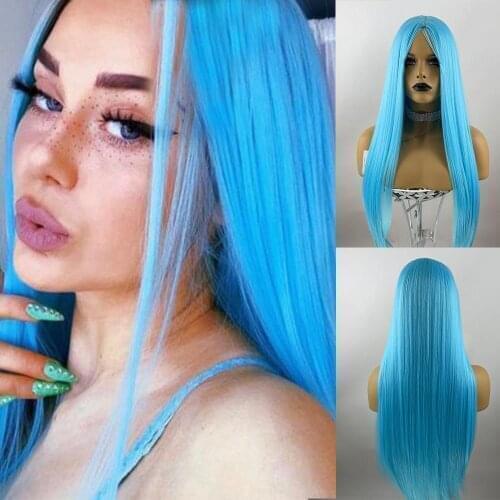 Ice Blue Long Straight Synthetic No Lace Wig Gluless Natural Hairline Light Blue Wig With Baby Hair Natural Looking For Women
