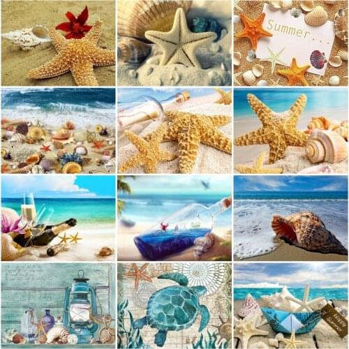 AZQSD Full Square Diamond Painting Shell Starfish Seaside Cross Stitch Needlework Diamond Embroidery Landscape Mosaic Home Decor