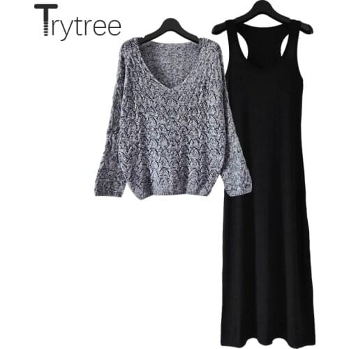 Trytree Summer Autumn Women two piece set Casual Hollow Out Solid V-neck Tops + Sling Dresses Ankle-length Suit Set 2 Piece Set