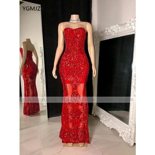 Red Sparkly Sequin Prom Dresses 2021 Mermaid Floor Length African Women Formal Evening Party Gowns