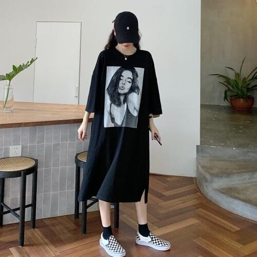 Cotton Character Print Summer Dress 2021 Fashion Casual Loose Short Sleeve Split Long Tshirt Harajuku Dresses Vintage Vestido
